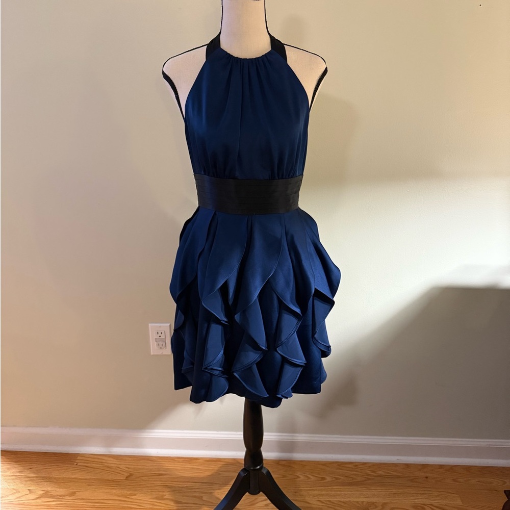BCBG Blue Ruched Halter Cocktail Dress
